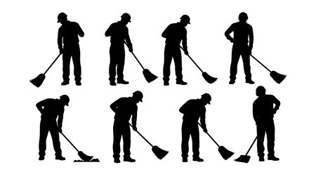 Black Solid Worker Sweeping Broom Silhouettes Set of Six on White Background isolated on plain white background.のイラスト素材
