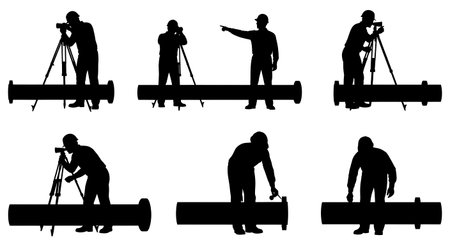 Black Solid Surveyor Pipeline Inspect Silhouettes Set of Six on White Background isolated on plain white background.のイラスト素材