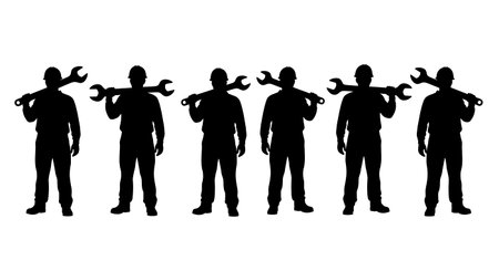Black Solid Worker Wrench Shoulder Silhouettes Set of Six on White Background isolated on plain white background.のイラスト素材