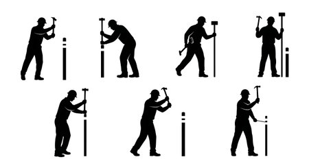Black Solid Surveyor Hammering Stakes Silhouettes Set of Six on White Background isolated on plain white background.のイラスト素材