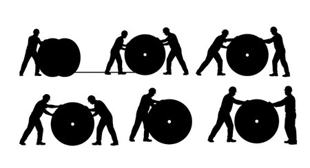 Black Solid Worker Rolling Cable Spool Silhouettes Set of Six on White Background isolated on plain white background.のイラスト素材