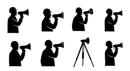 Black Solid Surveyor Megaphone Shout Silhouettes Set of Six on White Background isolated on plain white background.のイラスト素材