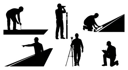 Black Solid Surveyor Road Inspection Silhouettes Set of Six on White Background isolated on plain white background.のイラスト素材