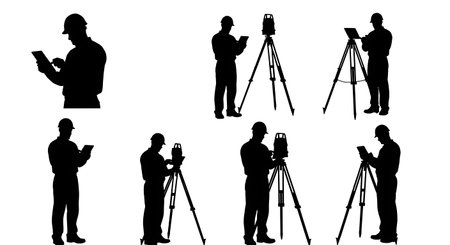 Black Solid Surveyor Tablet Data Silhouettes Set of Six on White Background isolated on plain white background.のイラスト素材