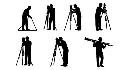 Black Solid Surveyor Setup Tripod Silhouettes Set of Six on White Background isolated on plain white background.のイラスト素材