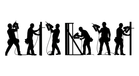 Black Solid Worker Nail Gun Silhouettes Set of Six on White Background isolated on plain white background.のイラスト素材