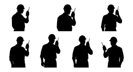 Black Solid Surveyor Walkie Talkie Silhouettes Set of Six on White Background isolated on plain white background.のイラスト素材