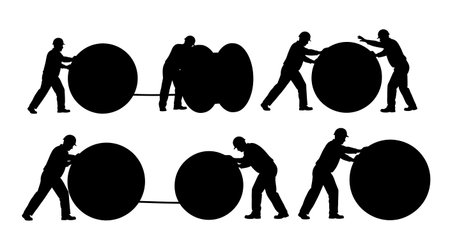 Black Solid Worker Rolling Cable Spool Silhouettes Set of Six on White Background isolated on plain white background.のイラスト素材