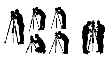 Black Solid Surveyor Tripod Silhouettes Set of Six on White Background isolated on plain white background.のイラスト素材