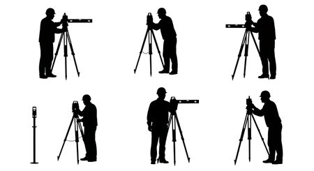 Black Solid Surveyor Bubble Level Silhouettes Set of Six on White Background isolated on plain white background.のイラスト素材
