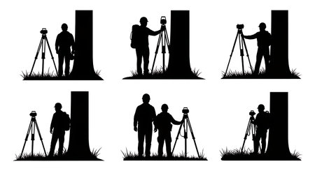 Black Solid Surveyor Lean Tree Silhouettes Set of Six on White Background isolated on plain white background.のイラスト素材