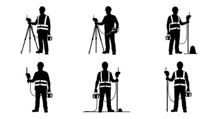 Black Solid Surveyor Pipe Transmitter Silhouettes Set of Six on White Background isolated on plain white background.のイラスト素材