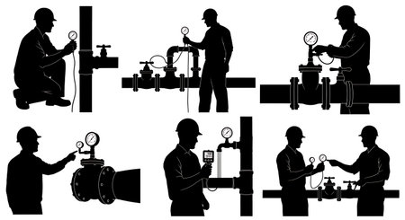 Black Solid Water Engineer Gauge Silhouettes Set of Six on White Background isolated on plain white background.のイラスト素材