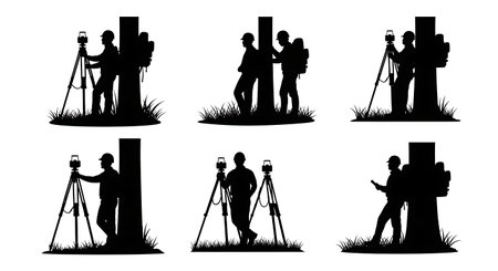 Black Solid Surveyor Lean Tree Silhouettes Set of Six on White Background isolated on plain white background.のイラスト素材