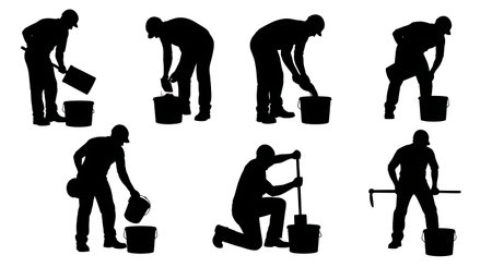 Black Solid Masons Mixing Color Silhouettes Set of Six on White Background isolated on plain white background.のイラスト素材