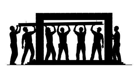 Black Solid Masons Installing Lintels Silhouettes Set of Six on White Background isolated on plain white background.のイラスト素材