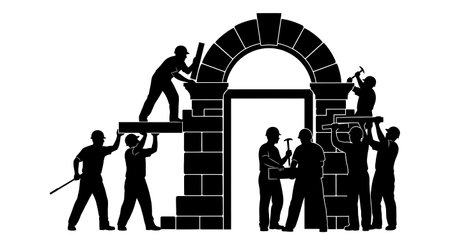 Black Solid Masons Installing Architrave Silhouettes Set of Six on White Background isolated on plain white background.のイラスト素材
