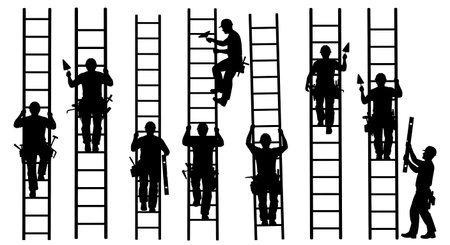 Black Solid Masons Climbing Ladder Silhouettes Set of Six on White Background isolated on plain white background.のイラスト素材