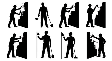 Black Solid Masons Scraping Wall Silhouettes Set of Six on White Background isolated on plain white background.のイラスト素材