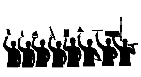 Black Solid Masons Holding Tools Silhouettes Set of Six on White Background isolated on plain white background.のイラスト素材