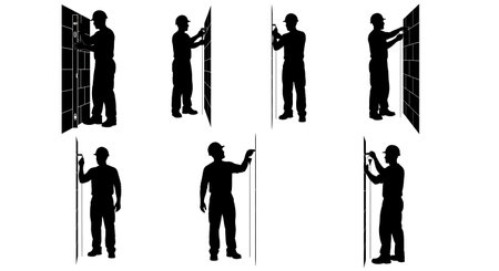 Black Solid Masons Checking Alignment Silhouettes Set of Six on White Background isolated on plain white background.のイラスト素材