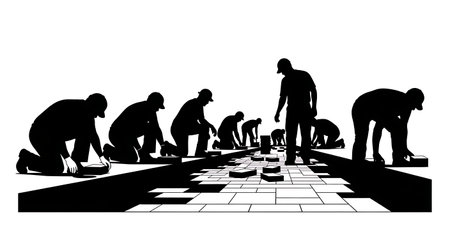 Black Solid Masons Installing Pavers Silhouettes Set of Six on White Background isolated on plain white background.のイラスト素材