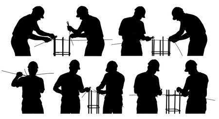 Black Solid Masons Tying Rebar Silhouettes Set of Six on White Background isolated on plain white background.のイラスト素材