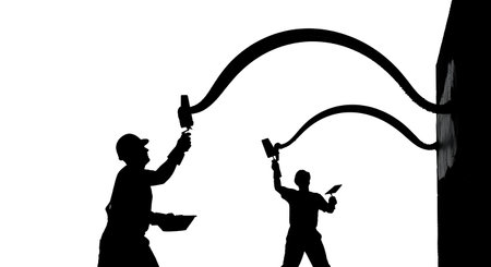 Black Solid Masons Tossing Mortar Silhouettes Set of Six on White Background isolated on plain white background.のイラスト素材