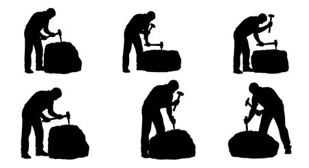 Black Solid Masons Cutting Stone Silhouettes Set of Six on White Background isolated on plain white background.のイラスト素材