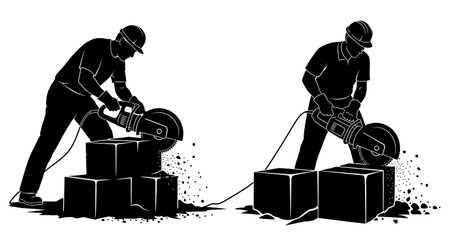 Black Solid Masons Using Power Saw Silhouettes Set of Six on White Background isolated on plain white background.のイラスト素材