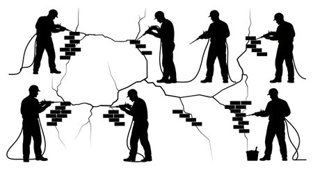 Black Solid Masons Repairing Cracks Silhouettes Set of Six on White Background isolated on plain white background.のイラスト素材