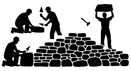 Black Solid Masons Building Garden Wall Silhouettes Set of Six on White Background isolated on plain white background.のイラスト素材