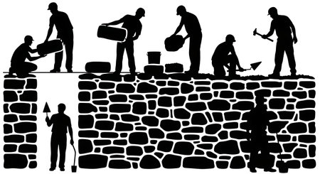 Black Solid Masons Building Garden Wall Silhouettes Set of Six on White Background isolated on plain white background.のイラスト素材