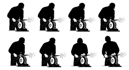 Black Solid Masons Sharpening Chisels Silhouettes Set of Six on White Background isolated on plain white background.のイラスト素材