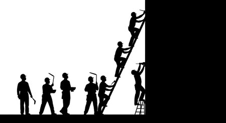 Black Solid Masons Setting Ladder Silhouettes Set of Six on White Background isolated on plain white...