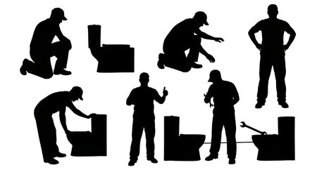 Black Solid Plumber Checking Toilet Seal Silhouettes Set of Six on White Background isolated on plain white background.のイラスト素材