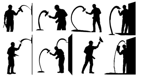 Black Solid Masons Tossing Mortar Silhouettes Set of Six on White Background isolated on plain white background.のイラスト素材