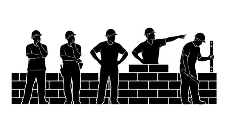 Black Solid Masons Inspecting Wall Silhouettes Set of Six on White Background isolated on plain white background.のイラスト素材