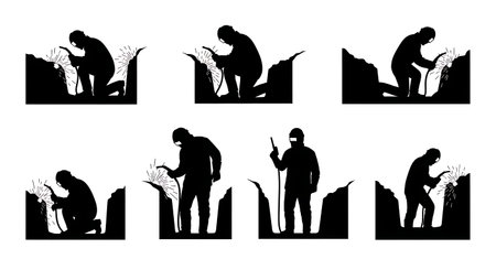 Black Solid Pipeline Welder Trench Work Silhouettes Set of Six on White Background isolated on plain white background.のイラスト素材