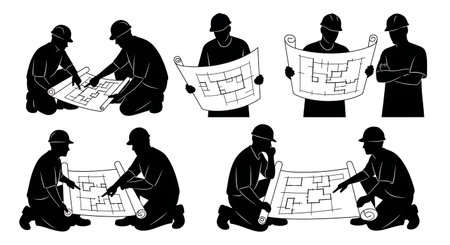 Black Solid Masons Reading Blueprints Silhouettes Set of Six on White Background isolated on plain white background.のイラスト素材