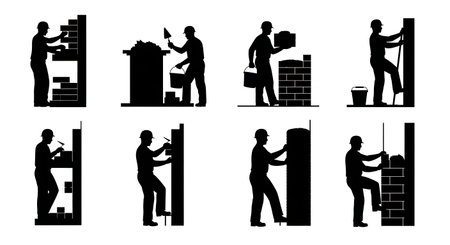 Black Solid Masons Building Chimney Silhouettes Set of Six on White Background isolated on plain white background.のイラスト素材