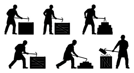 Black Solid Masons Using Crowbar Silhouettes Set of Six on White Background isolated on plain white background.のイラスト素材