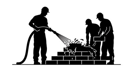 Black Solid Masons Wetting Bricks Silhouettes Set of Six on White Background isolated on plain white background.のイラスト素材