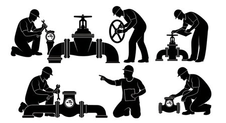 Black Solid Plumber Meter Valve Check Silhouettes Set of Six on White Background isolated on plain...