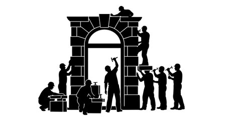 Black Solid Masons Installing Architrave Silhouettes Set of Six on White Background isolated on plain white background.のイラスト素材