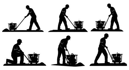 Black Solid Plate Compactor Handheld Silhouettes Set of Six on White Background isolated on plain white background.のイラスト素材