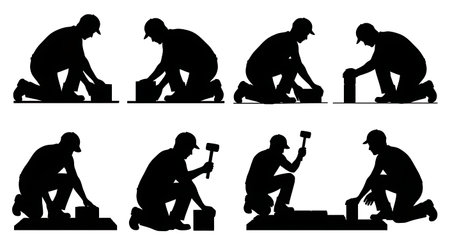 Black Solid Paver Laying Stone Silhouettes Set of Six on White Background isolated on plain white background.のイラスト素材