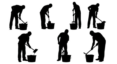 Black Solid Masons Mixing Color Silhouettes Set of Six on White Background isolated on plain white background.のイラスト素材