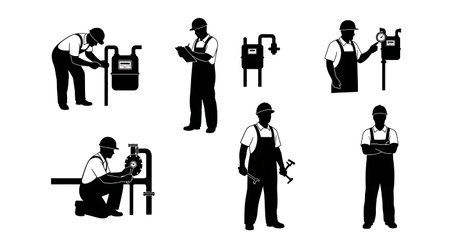 Black Solid Plumber Checking Gas Meter Silhouettes Set of Six on White Background isolated on plain white background.のイラスト素材