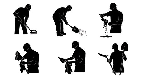 Black Solid Masons Cleaning Tools Silhouettes Set of Six on White Background isolated on plain white background.のイラスト素材